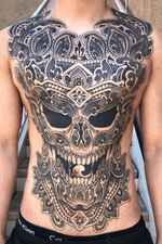 #skull #ornamental #ornamentaltattoo #fullfronttattoo #torso #chesttattoo #stomach #geometric #dotwork #thai #thailand #illustrative #drawing #blackandgrey #customtattoo 