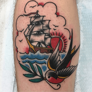 Ship and sparrow tattoo. #philadelphia #sparrow #ship #traditional #color #boldwillhold #americana 