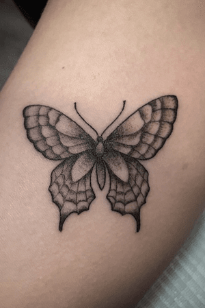 Fine line butterfly. #singleneedle #blackandgrey #tattoo #buterflytattoo  #butterfly #smalltattoo #simple  #dotwork  