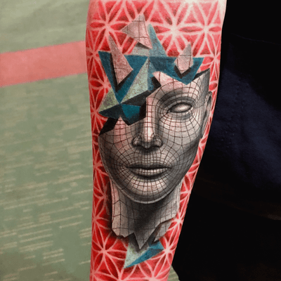 tridimentional (3d) face with merkaba symbol inside of the head and flower of life background / Done at Dublin tattoo Convention (2018) and wining 1st as best small colour! (A4 size) #3dtattoo #3D #merkaba #face #floweroflife #openmind #color #colortatoo