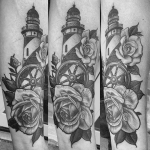 Black and grey, realistic, fine line, light house, roses, nautical, ship wheel