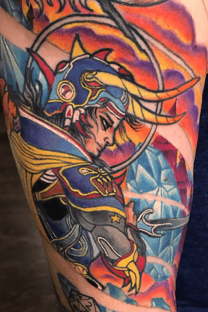 Warrior of light, detail of upper arm portion from a fantasy rpg sleeve. 
