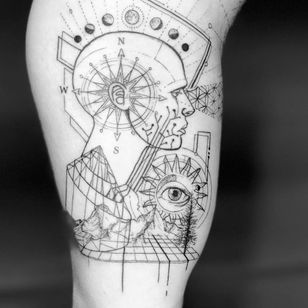 Tattoo by Gerardo Waz #GerardoWaz #geometrictattoos #geometric #sacredgeometry #fineline #linework #portrait #eye #sun #forest #shape #pattern #dotwork #compass #moonphase