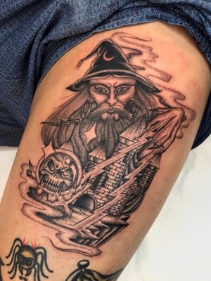Illegal Tattoos: Juan Diego Prieto #IllegalTattoos #JuanDiego #JuanDiegoPrieto #blackandgrey #fineline #Chicano #wizard #castle #crystalball #magic #skull #death