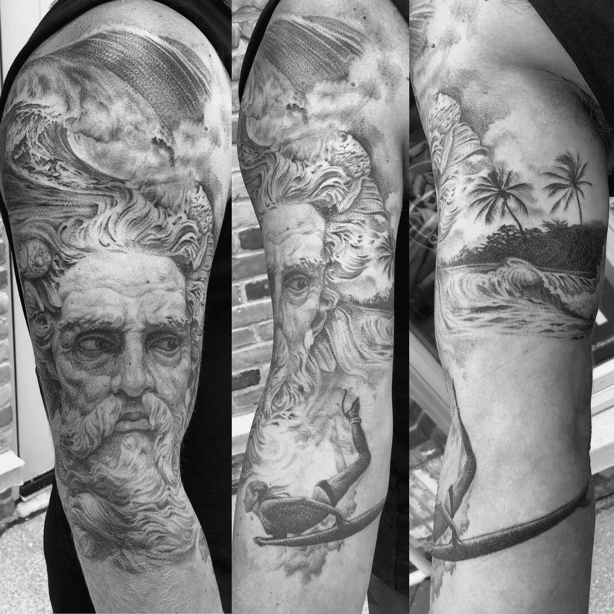 Tattoo uploaded by Jordan @ Carousel Tattoo • Tealistic, black and grey,  fine line, 3rl only poseidon, surfing, ocean, aquatic sleeve in progress •  Tattoodo