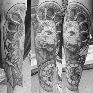Realistic, black and grey, fine line, lion, pocket watch, rose window, gothic, sleeve, in progress