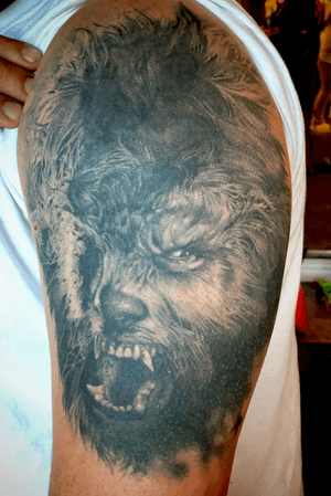 Healed Wolfman coverup tattoo fine line 3rl only black and grey realism