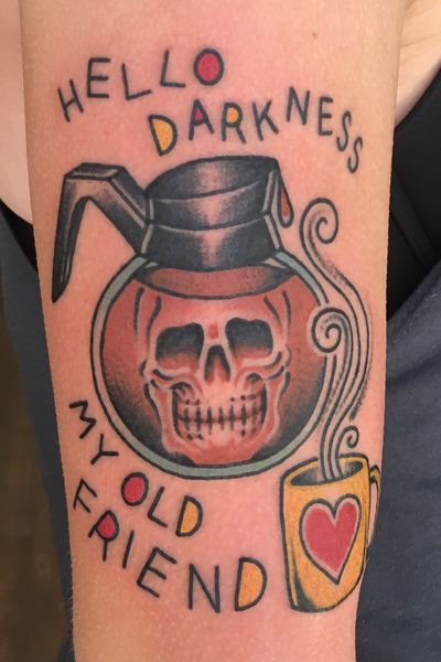 Repost of A #coffeetattoo from a few weeks back, lots of fun to design and #tattoo, I'd love to do more stuff like this...bonus points if you bring me fresh #coffee at your appointment! #marigoldadornment #vermont #vermonttattooers #vermonttattooartist #colortattoo #traditionaltattoo #montpelier #coffeepot #skull #skulltattoo