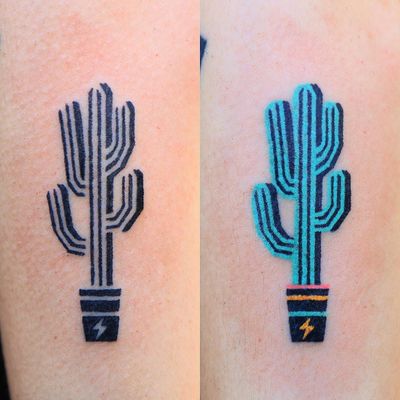 Tattoo by Zzizzi #Zzizzi #cactustattoos #cactus #desert #plant #nature#handpoke #color #lightningbolt #potterplant #minimal #graphic