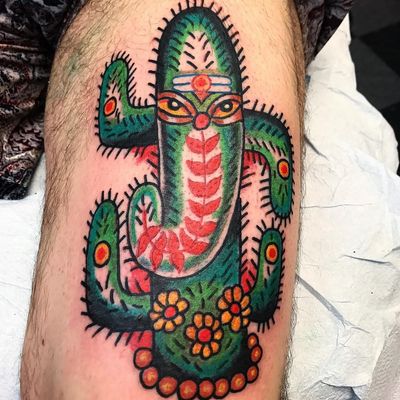 Tattoo by Robert Ryan #RobertRyan #cactustattoos #cactus #desert #plant #nature #Ganesha #flower #floral #color #traditional