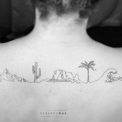Tattoo by Gerardo Waz #GerardoWaz #cactustattoos #cactus #desert #plant #nature #fineline #linework #landscape #mountain #wave #palmtree