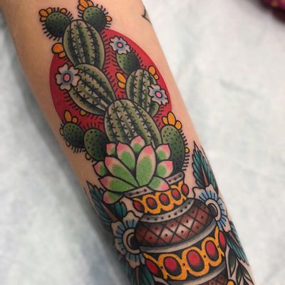 Tattoo by Matt Cannon #MattCannon #cactustattoos #cactus #desert #plant #nature #color #traditional #pottedplant #flower #floral