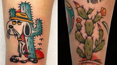 Tattoo on the left by Jason Ochoa and tattoo on the right by Alex Zampirri #JasonOchoa #AlexZampirri #cactustattoos #cactus #desert #plant #nature