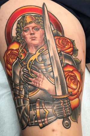 Lady knight on thigh #knight #neotraditional #neotraditionaltattoos 