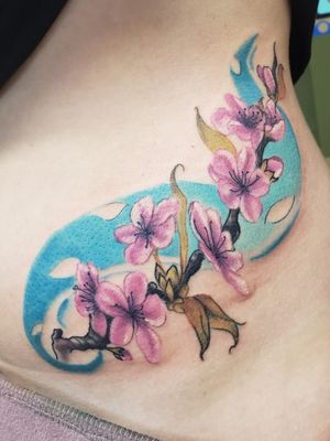 Finished up Savanna's tattoo today. So much fun. #cherryblossomtattoo #cherryblossoms #bluegradient #pinkflowers #bishoprotary #funstuff #colortattoo