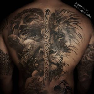 Lion/script was already there; pimping it out to match.#buddha #backpiece #blackandgrey #realism