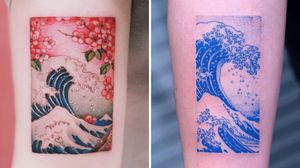Tattoo on the left by Sion and tattoo on the right by Oozy #Sion #Oozy #hokusaisgreatwavetattoo #hokusaitattoo #greatwavetattoo #wavetattoo #Japanese #ukiyoe #ukiyoeprint #ocean #greatwaveoffkanagawa