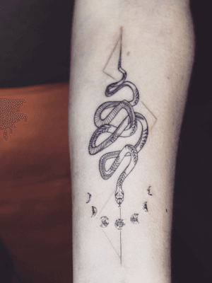 Fine line snake tattoo - Tattoo Chiang Mai                                                                                                 #snake #snaketattoo #linework #lines #leaves #fineline #geometric #moon #Black #simple #ChiangMai #thailand #tattoochiangmai #tattooartistchiangmai #instatattoo #inkstinctsubmission #inked #inkstagram 