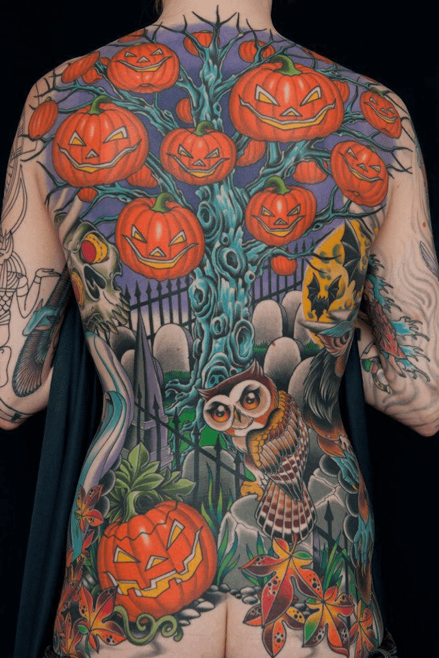 Tattoo Uploaded By Darcy Nutt Halloween Halloweentattoo Jackolantern Pumpkin Pumpkins Backpiece Owl Owltattoo Graveyard Darcynutt Tattoodo