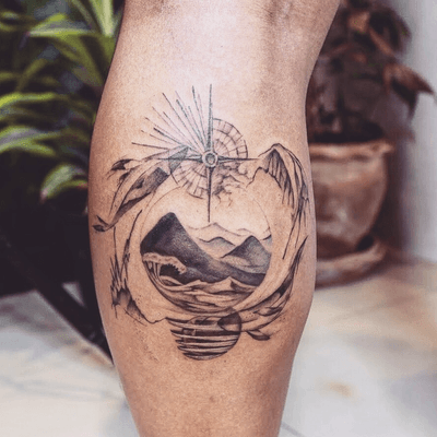 Nature tattoo - Tattoo Chiang Mai #Black #nature #whale #wings #waves #ocean #mountains #compass #dark #abstracttattoo #tattooart #ChiangMai #thailand #tattoochiangmai #tattoostudiochiangmai 