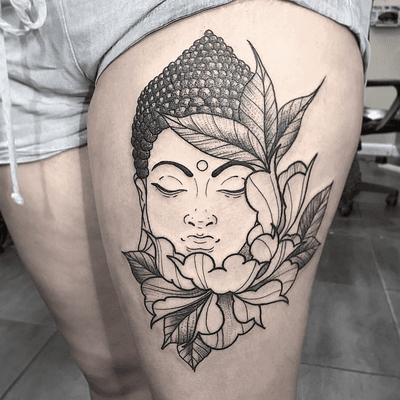 #Buddha #tattoo #tattoos #dotwork #line #blackwork #peony #floral #flowers