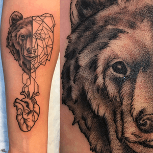 Bear and geometric bear and heart #beartattoo #bear #blackandgrey #fineline #geometric #heart #dotwork 