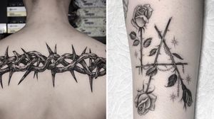Tattoo on the left by Heedo Lee aka Heukdo and tattoo on the right by Em Scott #EmScott #HeedoLee #Heukdo #thorntattoos #thorntattoo #thorns #thorn #nature #plant