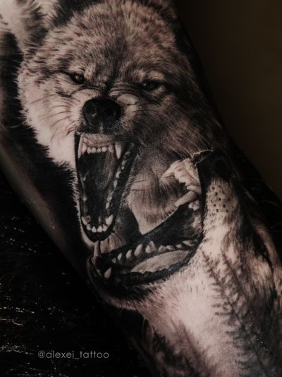 Tattoo wolves in a realistic style by tattoo artist Alexei Mikhailov Instagram @alexei_tattoo #tattoorealism #tattoorealistic #wolves #realism #inked #toptattoo #blacktattoo #blackandwhitetattoo #tattoowolf #alexeimikhailov #alexeitattoo