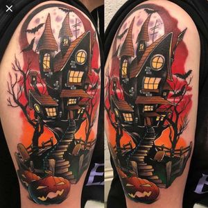 #Halloween #hauntedhouse #pumpkin #gravestones #bats #moon #AndyWalker Tattoo artist is Andy Walker/4ndy_w4lker