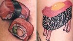 Tattoo on the left by Jessy D Tattoos and tattoo on the right by Dane Nicklas aka tenderbrusselsprouts #DaneNicklas #tenderbrusselsprounts #JessyDTattoos #sushitattoos #sushitattoo #sushi #Japanese #foodtattoo #food #fish #seafood
