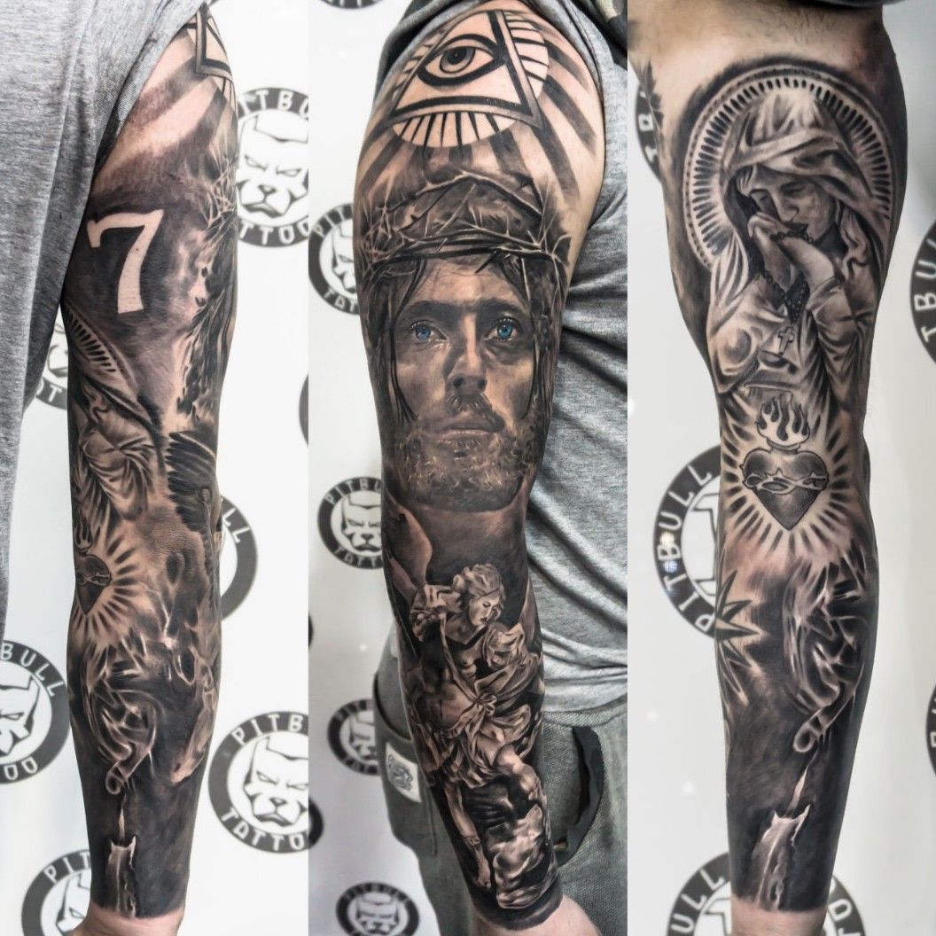 Proud to wear these jesus sleeve tattoos Sleeve tattoo on Stylevore