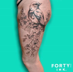 Custom Bird in Blossom Thigh Piece - more being added to this custom piece. 