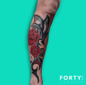 Custom Half Leg Sleeve - Neo-Traditional meets tribal. The bold and deep red creates great contrast . 