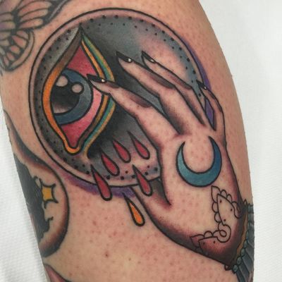 Tattoo by Miss Ariana #MissAriana #tattoodoambassador #color #traditional #moon #eye #hand