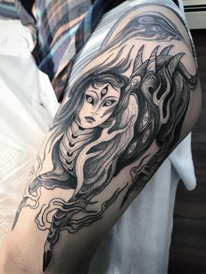 Tattoo by Nomi Chi #NomiChi #favoritetattoos #favorite #blackwork #illustrative #potrait #creature #magic #fire