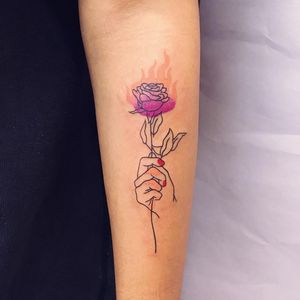 Tattoo by Take My Muse aka Nawon #TakeMyMuse #Nawon #favoritetattoos #favorite #illustrative #rose #flower #floral #hand #fire