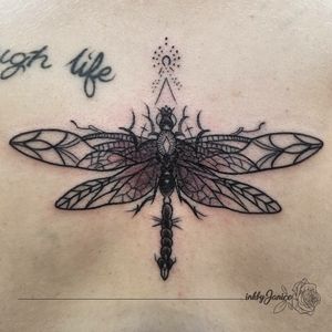 Dragonfly pattern fine line tattoo black and grey
