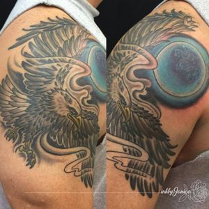 eagle with moon neo traditional tattoo