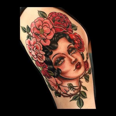 Tattoo by Rose Hardy #RoseHardy #tattoodoambassador #color #traditional #flower #rose #ladyhead #portrait