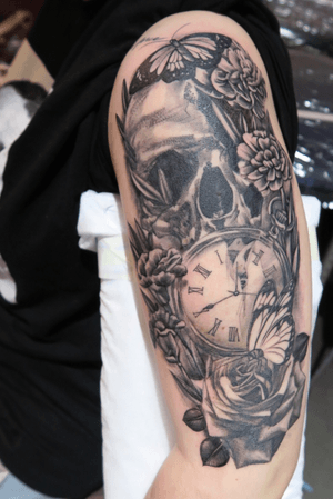 Half sleeve from the other week. #sleeve #blackandgrey #pocketwatch #butterfly #skull #bng #melbourne #realism 