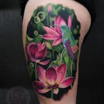 Tattoo by Liz Venom #LizVenom #tattoodoambassador #color #realism #realistic #photorealism #hyperrealism #lotus #flower #nature #floral #hummingbird #bird #animal