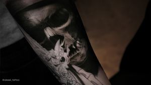 Tattoo skull in a realistic style by tattoo artist Alexei Mikhailov. Black tattoo. Poland, Szczecinhttps://www.instagram.com/alexei_tattoo/#tattoorealistic #tattoorealism #tattoos #tattooskull #skulltattoo #tattoorealist #tattooart #tatuajes #tatuaze