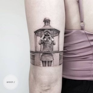 Tattoo by Goldy Z #GoldyZ #movietattoos #movies #famous #actors #actress #black gray #realism #realistic #hyperrealism #moonrisekingdom #lighthouse #wesanderson