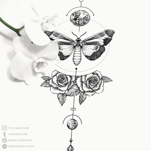 Butterfly and geometry! Downloads, temporary tattoos, commissions: www.rawaf.shop/tattoo or follow and send a message on Instagram (the_rawflow) #dotwork #geometric #butterfly #rose #roses #moon #galaxy #black #blackandgrey 