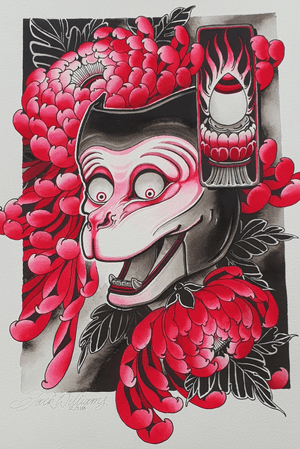 Monkey mask painting #blacktidetattoo #chrysanthemum #painting #illustration #japanesetattooart #neotraditional