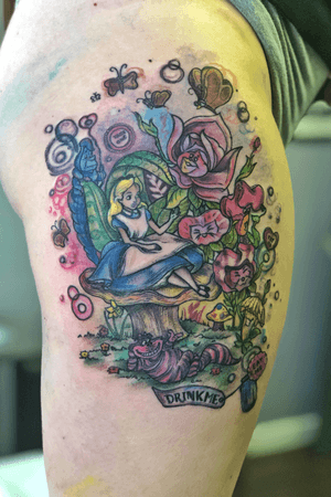 Alice in wonderland illustrative fineline watercolor disney tattoo