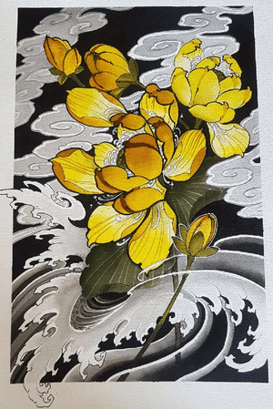 Lotus and water painting  from 2018 #blacktidetattoo #lotus #painting #illustration #japanesetattooart #neotraditional #ink 