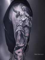 Lady justice tattoo by Rob Diamond #robdiamond #sleeve #blackandgrey #statuetattoos #LadyJustice #tattoooftheday 