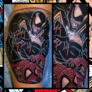 Venom vs Spider Man... #inkfusion #inkfusionempire #geektattoo #geekedouttattoos #geeksterink #geekytattoos #comicbooktattoo #nerdytattoos #nerdtattoo #nerdtattoos #brightandbold #traditionaltattoo #realtattoos #realtraditional #tattoos #tattooflash #neotraditional #solidtattoo #lasvegastattooer #marvelcomics #marveltattoo #venom #venomtattoo #spiderman #spidermantattoo