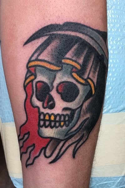 Fun grim reaper from the other day #traditionalamerican #traditionaltattoo #atlantatattooartist #traditionalskull #grimreaper 